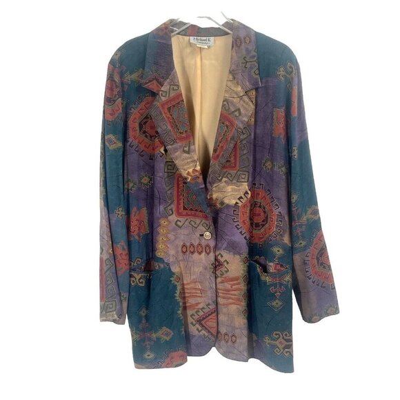 Vintage Michael K Long Line Blazer Print Art to Wear Sz Large - Picture 1 of 6
